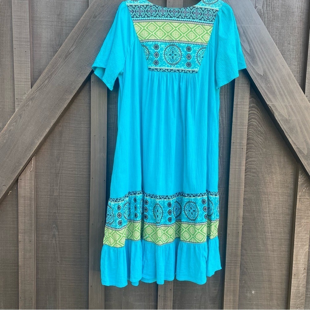 Vintage Dress S Turquoise/Blue 100% Cotton Flowy Boho Midi Short Sleeve S - Picture 8 of 13